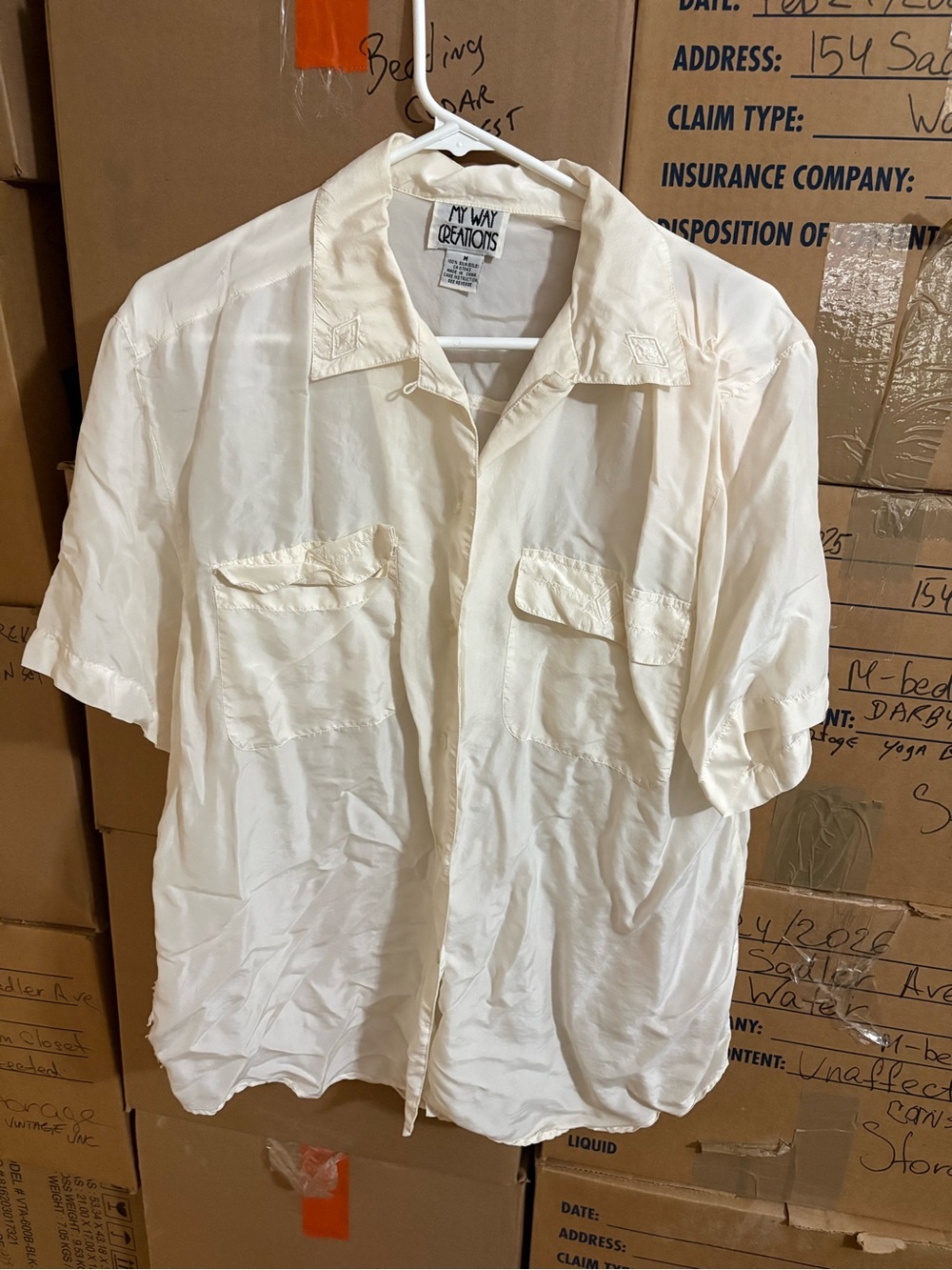 Vintage Cream Short Sleeve Button-Up Silk Blouse